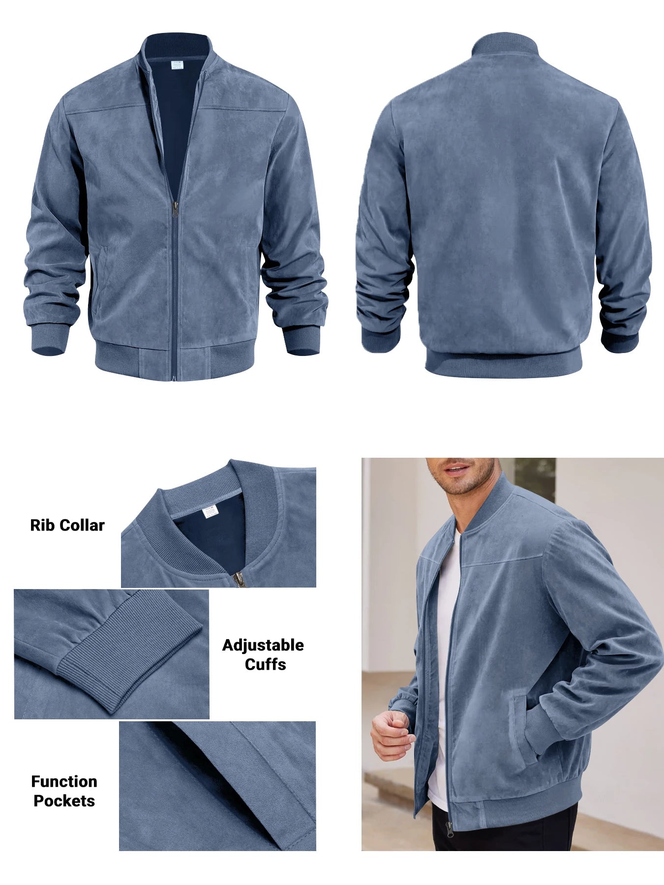 Men’s Suede Zip-Up Bomber Jacket – Casual Sport and Golf Style