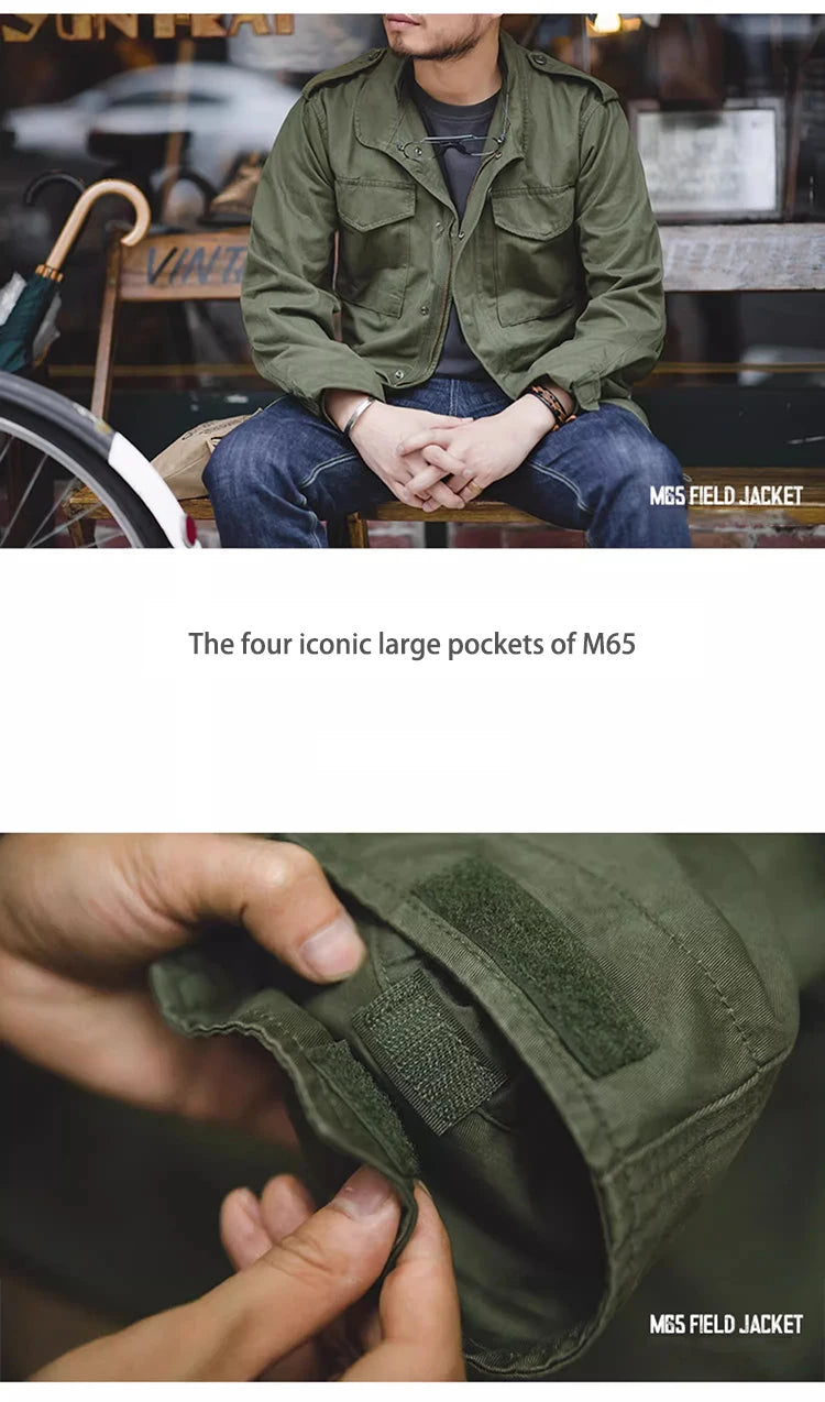 M65 Field Jacket, Men's Military Jacket, Retro Multi Pocket Collar Zipper Jacket, 100% Cotton