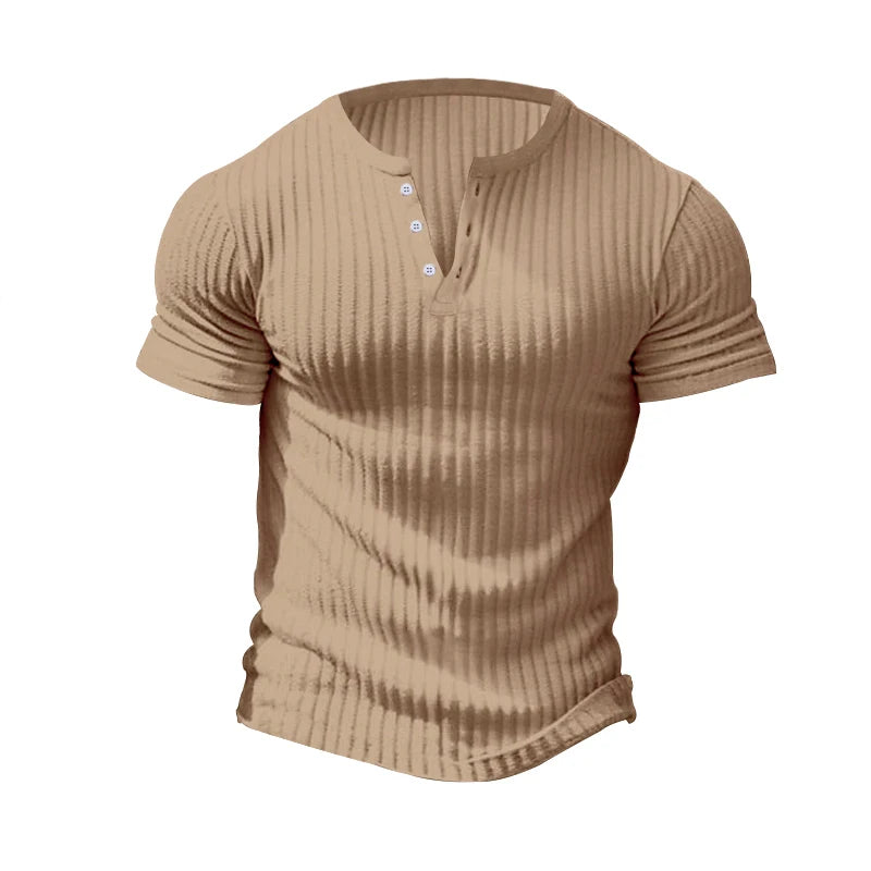 Men’s Striped Knit T-Shirt – Henley Neck, Short Sleeve, Soft & Breathable Casual Top
