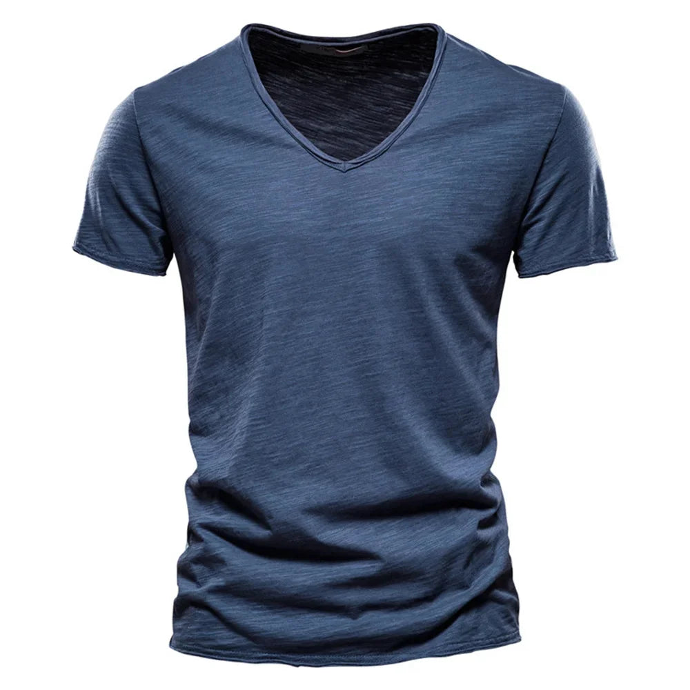 Men’s 100% Cotton V-Neck T-Shirt – Slim Fit Solid Color Short Sleeve Top