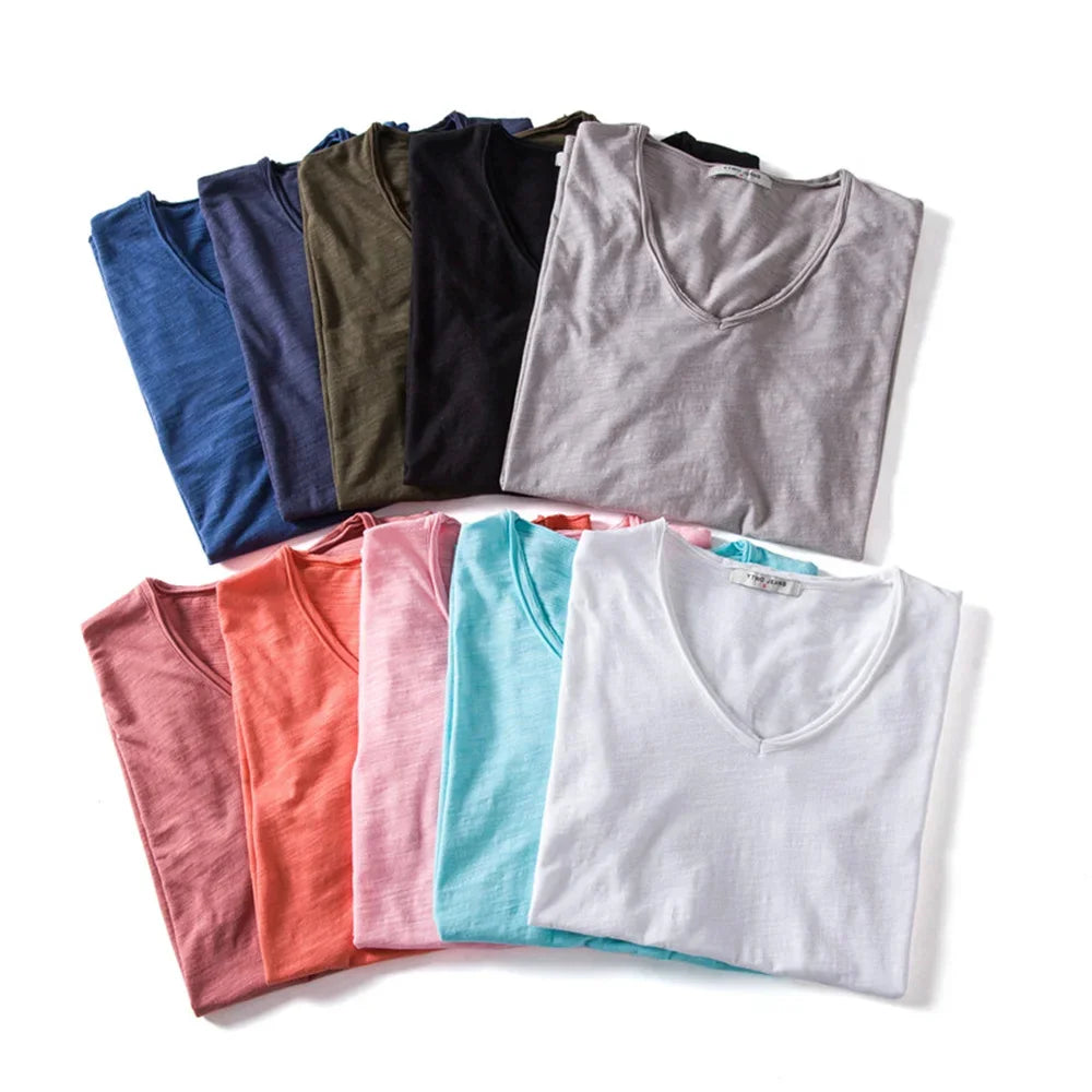 Men’s 100% Cotton V-Neck T-Shirt – Slim Fit Solid Color Short Sleeve Top