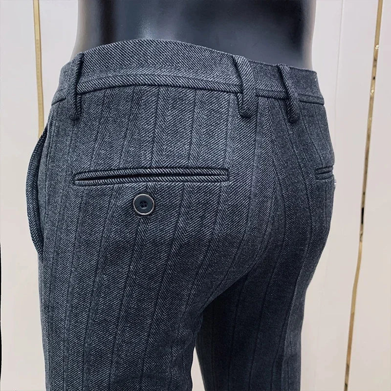 Men’s Striped Woolen Suit Pants – Slim Fit Casual & Formal Trousers for Autumn & Winter