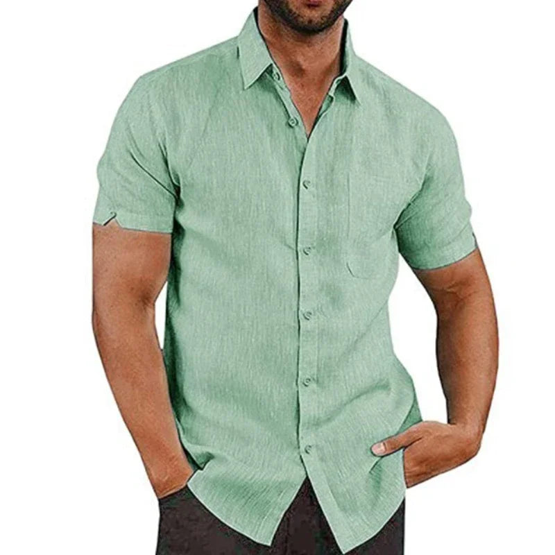 Men’s Summer Cotton Linen Shirt – Short Sleeve, Turn-Down Collar, Casual Style