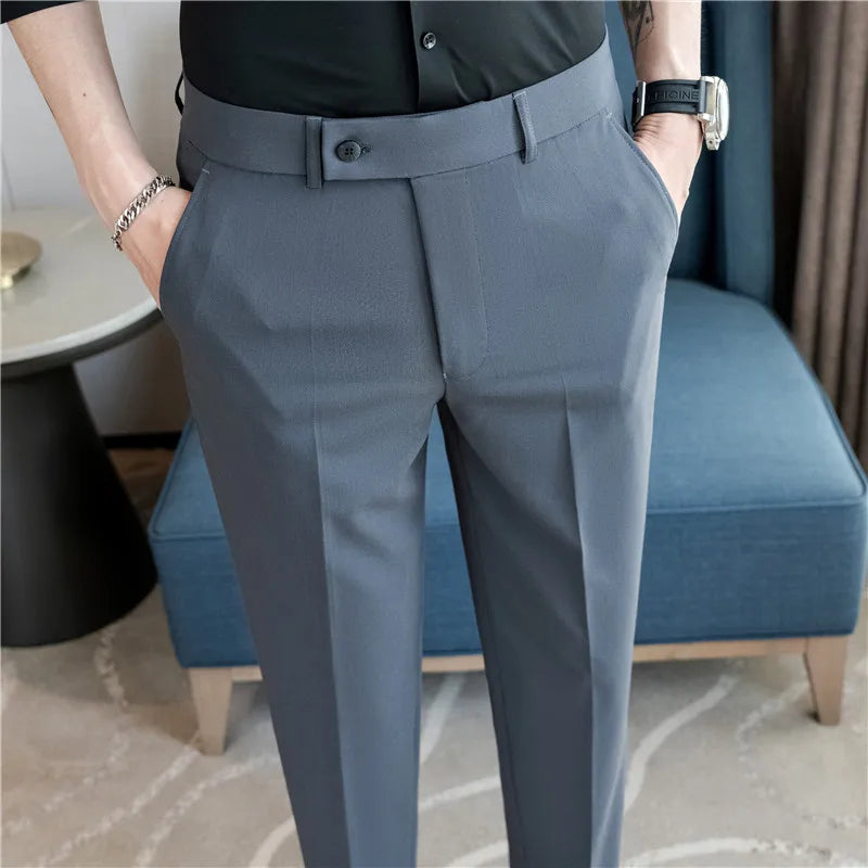 Men’s Stretch Solid Color Trousers – Slim Fit Ankle-Length Pants for Business, Casual & Formal Events