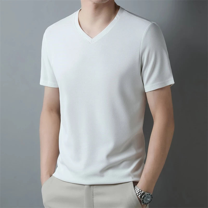 Men’s Waffle Knit V-Neck T-Shirt – Summer Casual Short Sleeve Top 2024