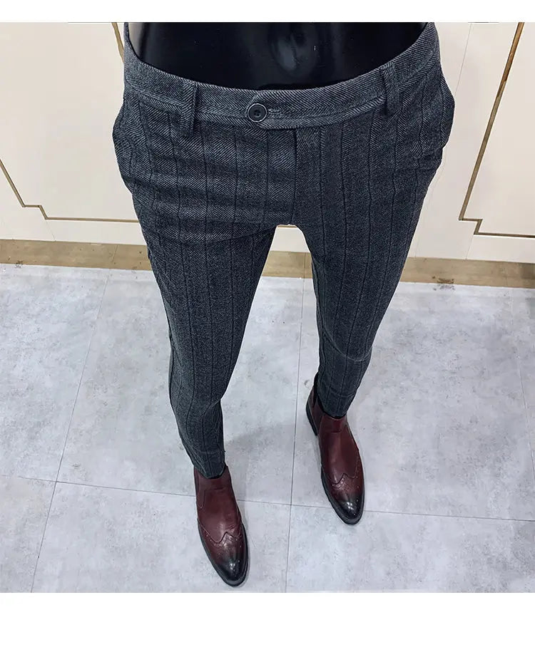 Men’s Striped Woolen Suit Pants – Slim Fit Casual & Formal Trousers for Autumn & Winter