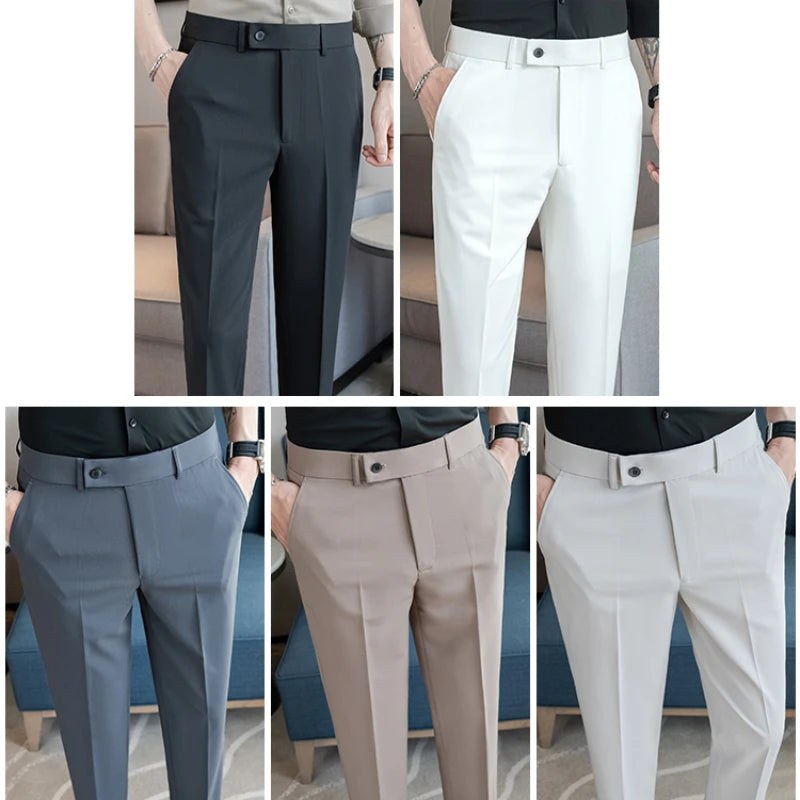 Men’s Stretch Solid Color Trousers – Slim Fit Ankle-Length Pants for Business, Casual & Formal Events