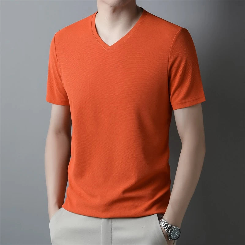 Men’s Waffle Knit V-Neck T-Shirt – Summer Casual Short Sleeve Top 2024