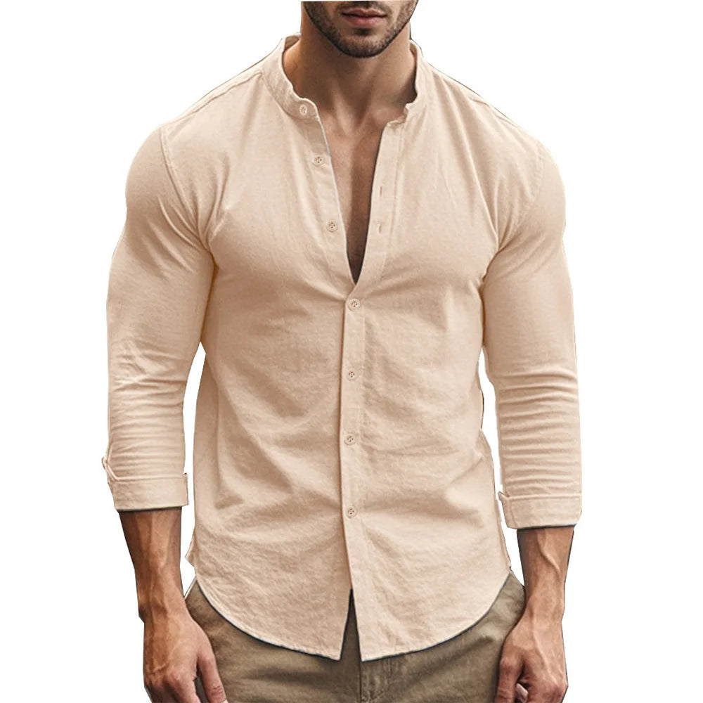 Men’s Cotton Linen Henley Shirt – Slim Fit, Breathable Solid Color Casual Wear