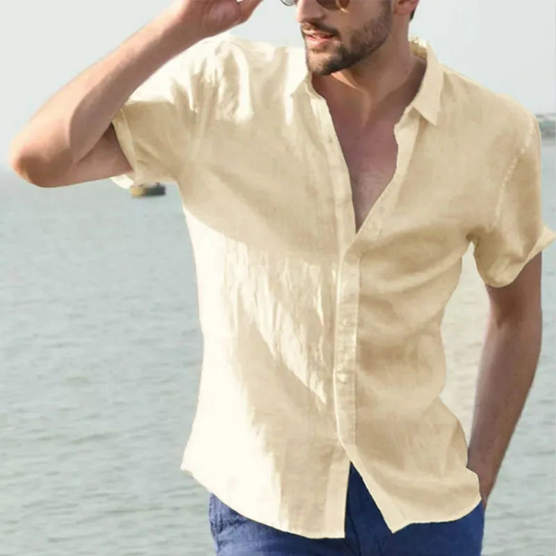 Men’s Casual Cotton Linen Short Sleeve Shirt – Solid Color Summer Beachwear