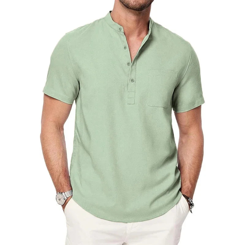 Men’s Henley Cotton-Linen T-Shirt – Short Sleeve Casual Tee with Button Pocket