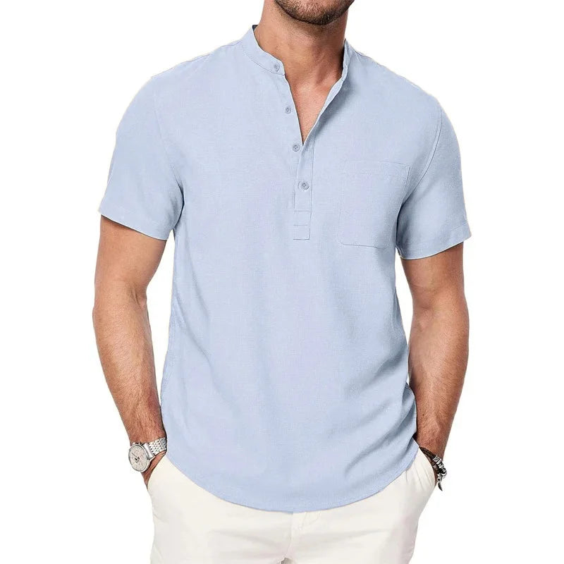 Men’s Henley Cotton-Linen T-Shirt – Short Sleeve Casual Tee with Button Pocket