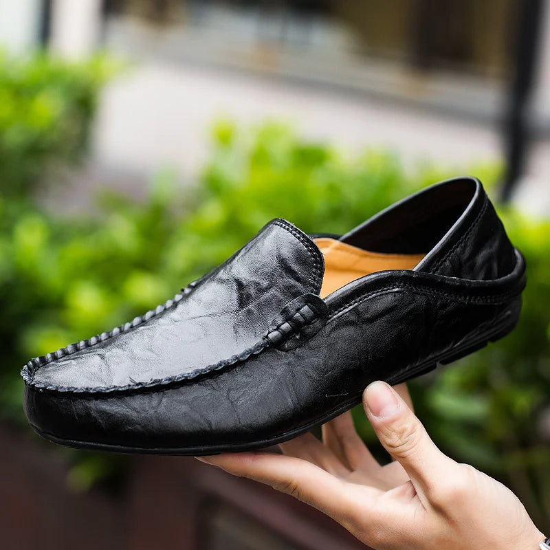 Men’s Summer Casual Leather Moccasins – Breathable Slip-On Boat Shoes, Italian-Style Luxury Driving Loafers