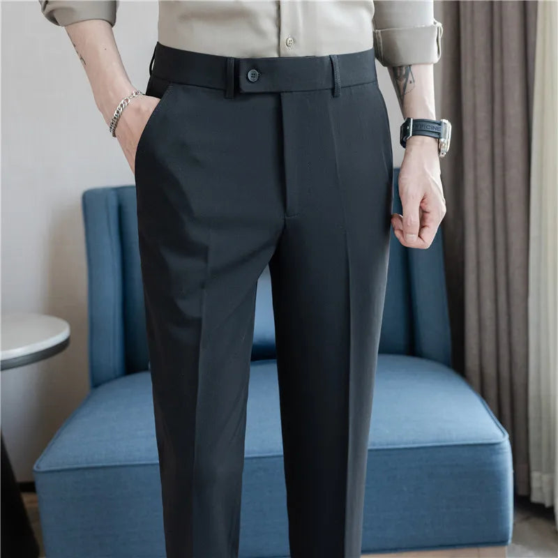 Men’s Stretch Solid Color Trousers – Slim Fit Ankle-Length Pants for Business, Casual & Formal Events