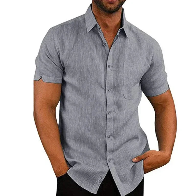 Men’s Summer Cotton Linen Shirt – Short Sleeve, Turn-Down Collar, Casual Style