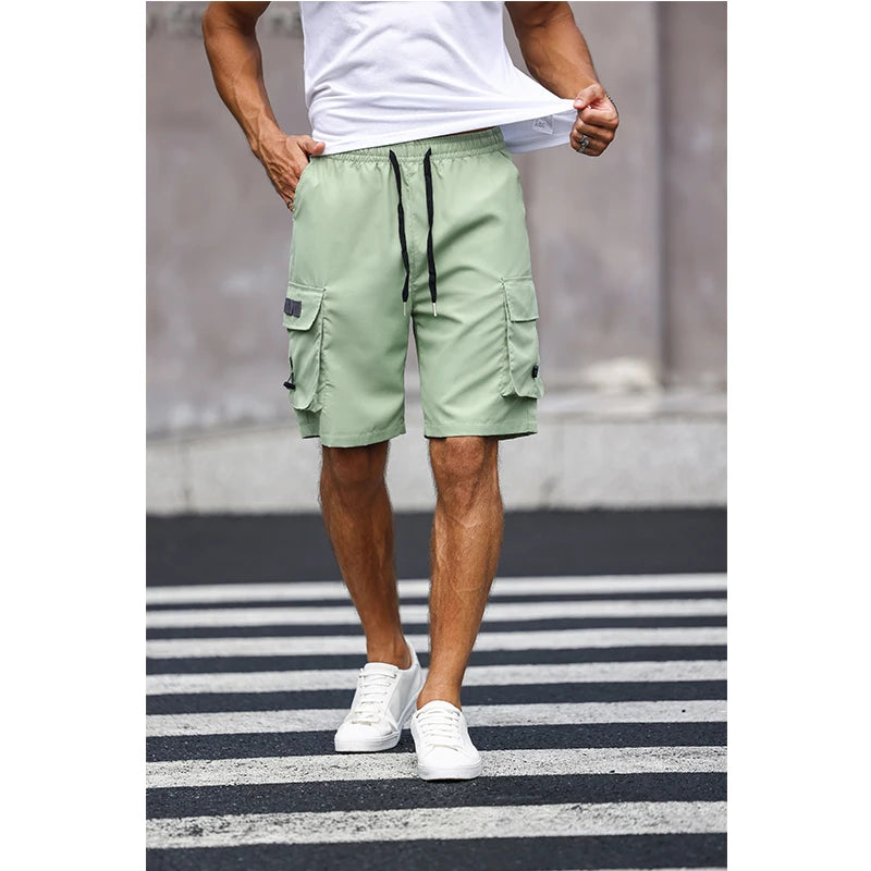 Men’s Multicolor Cargo Shorts – Solid Color Drawstring Summer Shorts with Pockets
