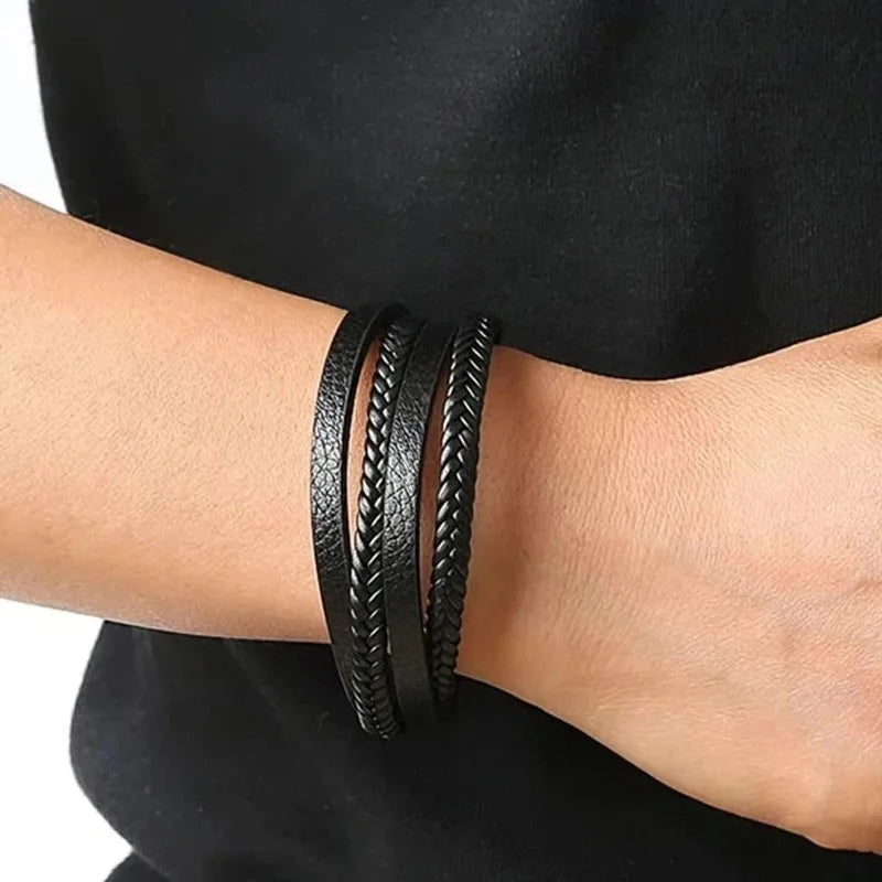 Men’s Trendy Leather Bracelet – Stainless Steel Multilayer Braided Rope Jewelry