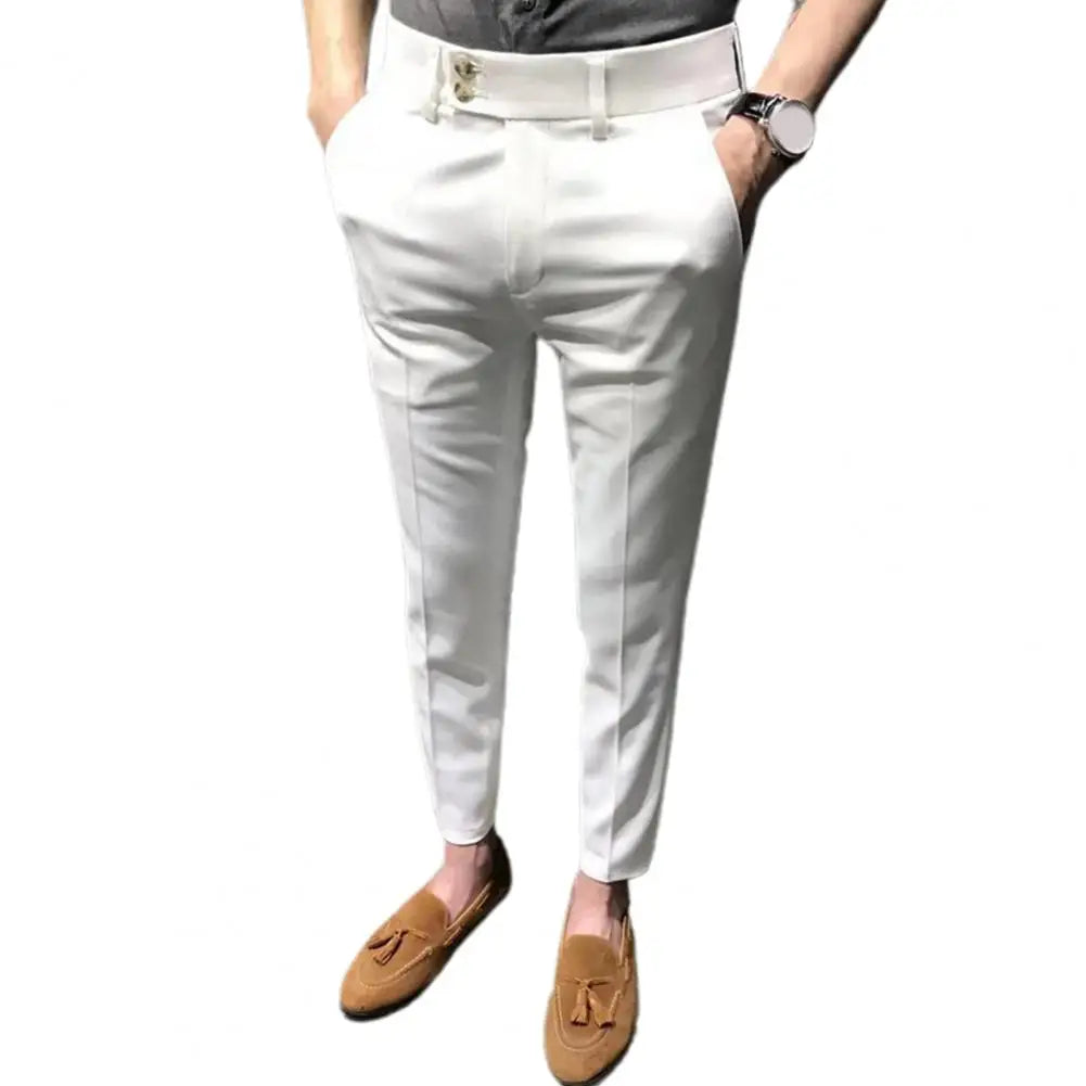Men’s Slim Fit Ankle-Length Suit Pants – Trendy Office Trousers with Zipper Closure