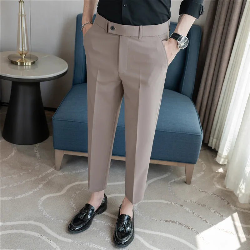 Men’s Stretch Solid Color Trousers – Slim Fit Ankle-Length Pants for Business, Casual & Formal Events