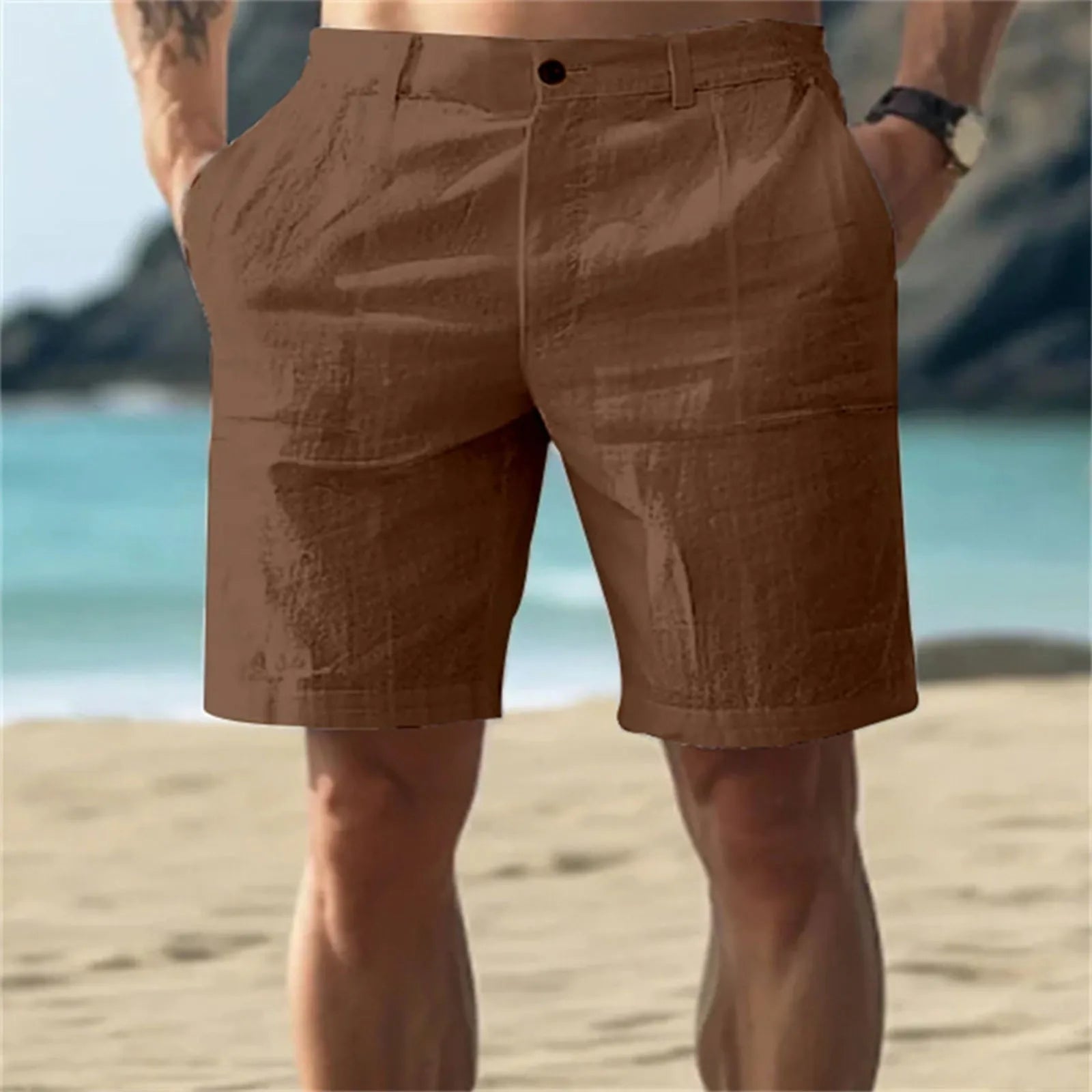 Men’s Solid Color Linen Shorts – Breathable Casual Beach Pants for Summer Holiday