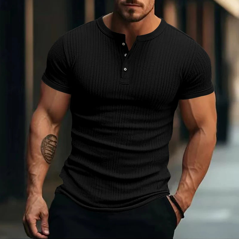 Men’s Striped Knit T-Shirt – Henley Neck, Short Sleeve, Soft & Breathable Casual Top