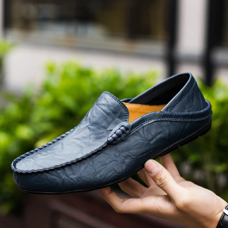 Men’s Summer Casual Leather Moccasins – Breathable Slip-On Boat Shoes, Italian-Style Luxury Driving Loafers