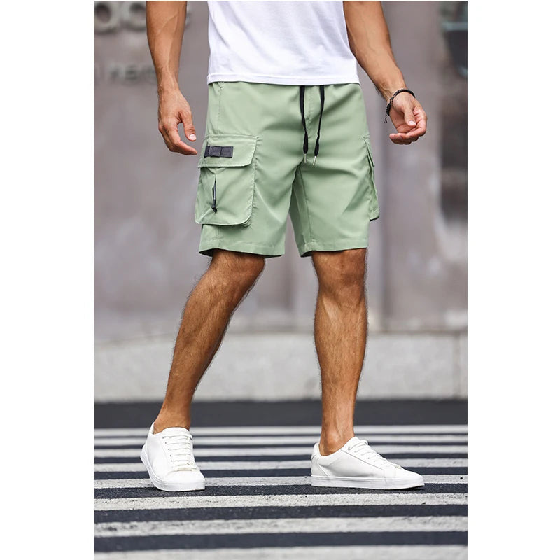 Men’s Multicolor Cargo Shorts – Solid Color Drawstring Summer Shorts with Pockets