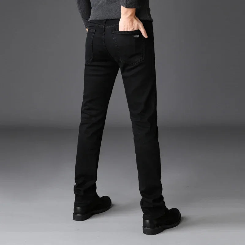 Men’s Classic Black Stretch Jeans – Soft Denim Biker Pants for Spring & Autumn