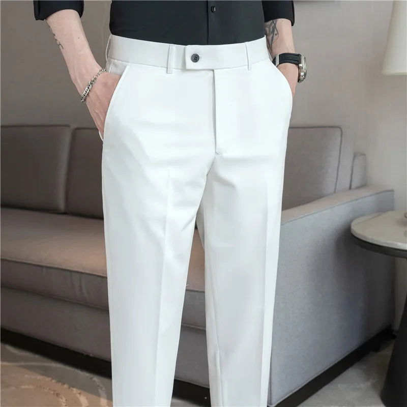 Men’s Stretch Solid Color Trousers – Slim Fit Ankle-Length Pants for Business, Casual & Formal Events