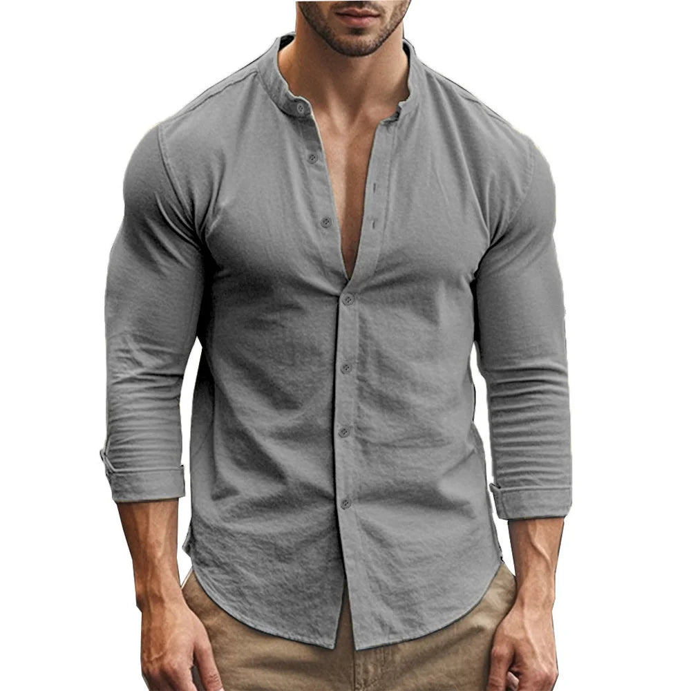 Men’s Cotton Linen Henley Shirt – Slim Fit, Breathable Solid Color Casual Wear