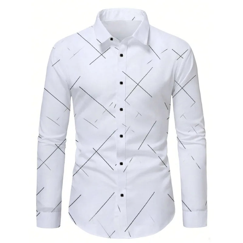 FGKKS Men's Printed Long Sleeve Shirt – Fashion Casual White Shirt for Men