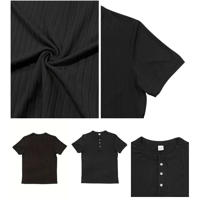 Men’s Striped Knit T-Shirt – Henley Neck, Short Sleeve, Soft & Breathable Casual Top