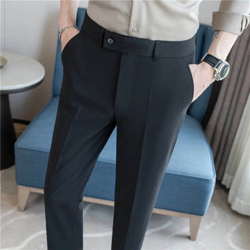 Men’s Stretch Solid Color Trousers – Slim Fit Ankle-Length Pants for Business, Casual & Formal Events