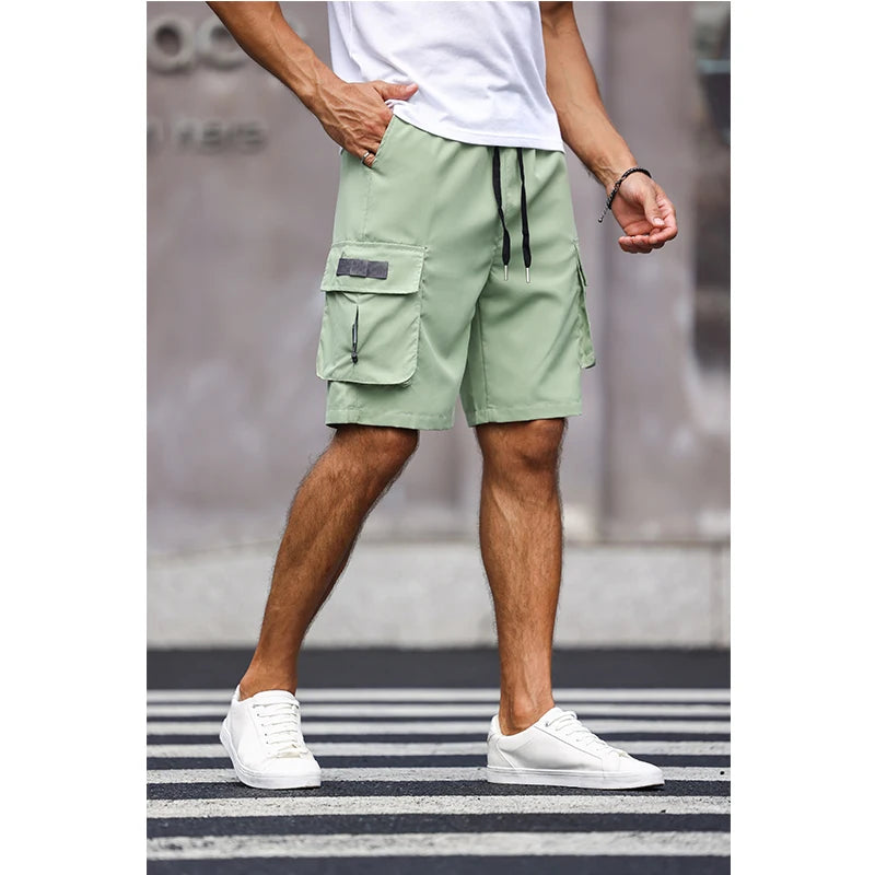 Men’s Multicolor Cargo Shorts – Solid Color Drawstring Summer Shorts with Pockets