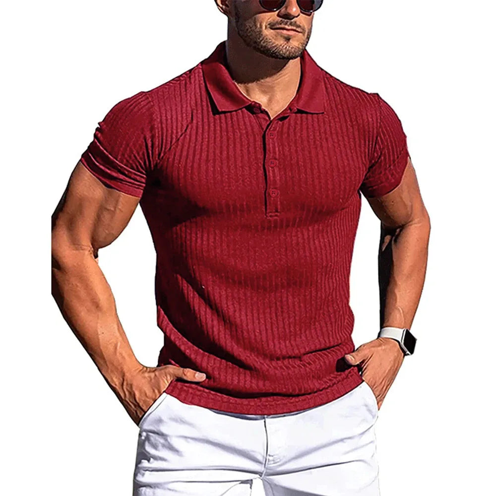 Men’s Summer Polo Shirt – Solid & Striped Short Sleeve, Stretch Fitness Top with Stand Collar