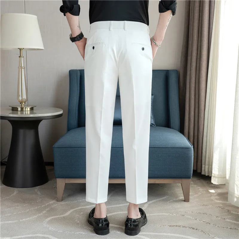 Men’s Stretch Solid Color Trousers – Slim Fit Ankle-Length Pants for Business, Casual & Formal Events