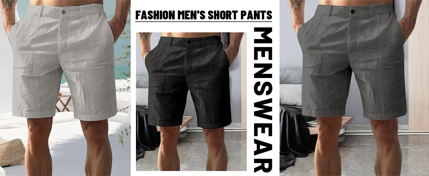 Men’s Solid Color Linen Shorts – Breathable Casual Beach Pants for Summer Holiday