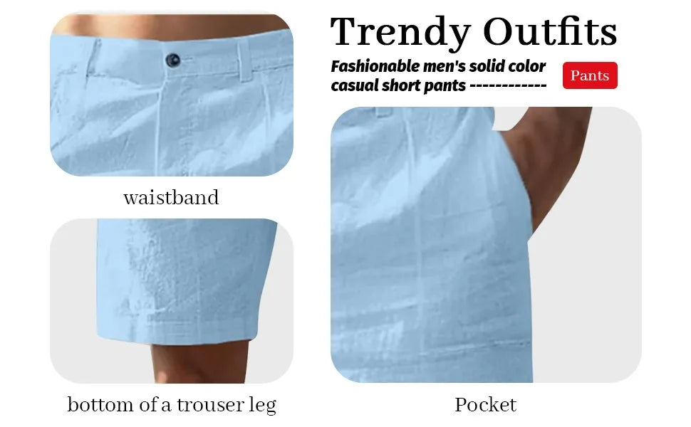 Men’s Solid Color Linen Shorts – Breathable Casual Beach Pants for Summer Holiday