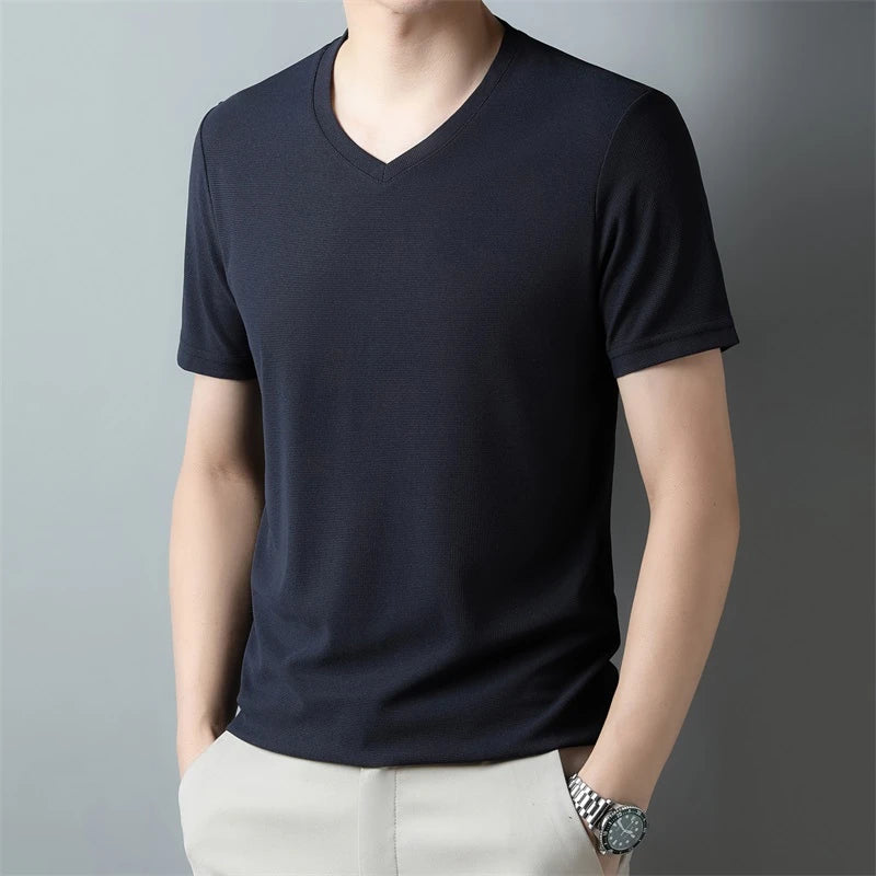 Men’s Waffle Knit V-Neck T-Shirt – Summer Casual Short Sleeve Top 2024