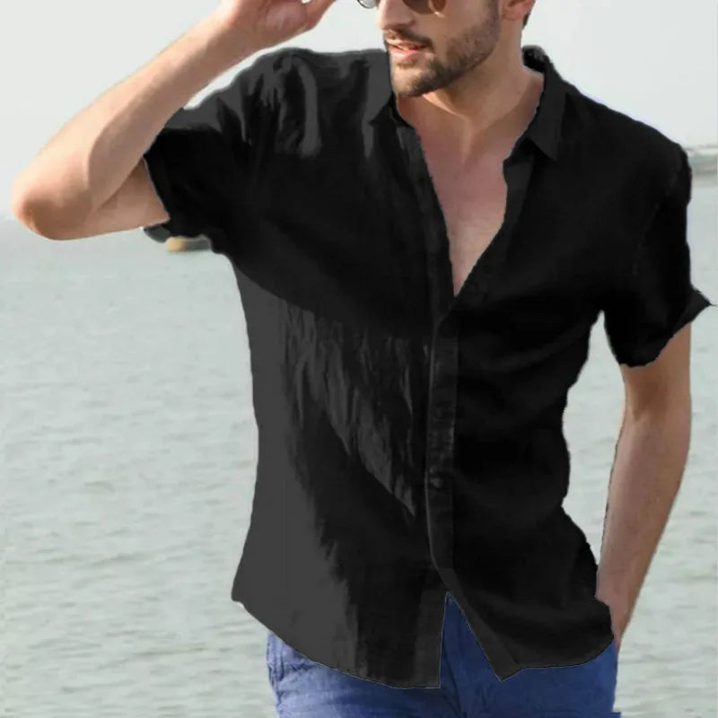 Men’s Casual Cotton Linen Short Sleeve Shirt – Solid Color Summer Beachwear