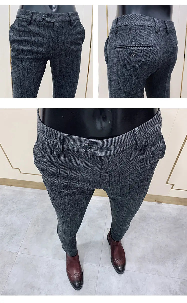 Men’s Striped Woolen Suit Pants – Slim Fit Casual & Formal Trousers for Autumn & Winter