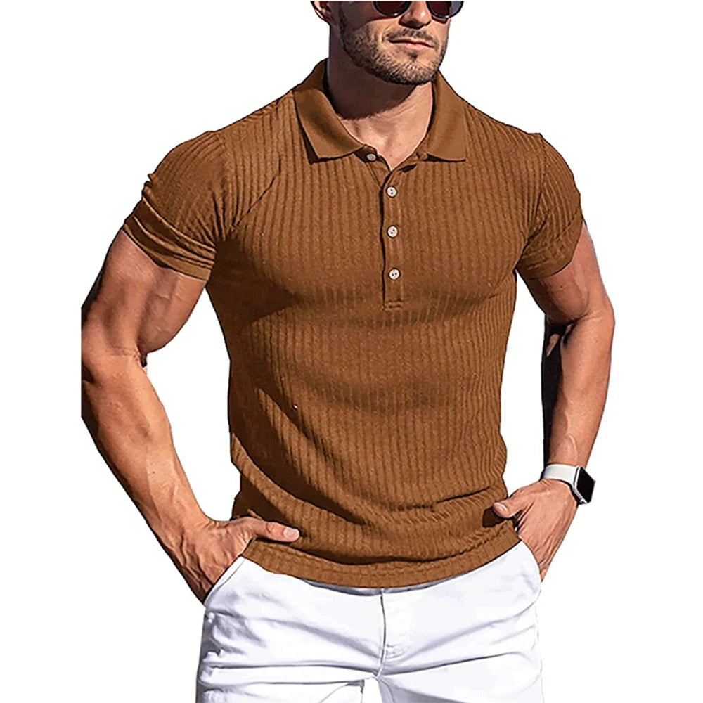 Men’s Summer Polo Shirt – Solid & Striped Short Sleeve, Stretch Fitness Top with Stand Collar