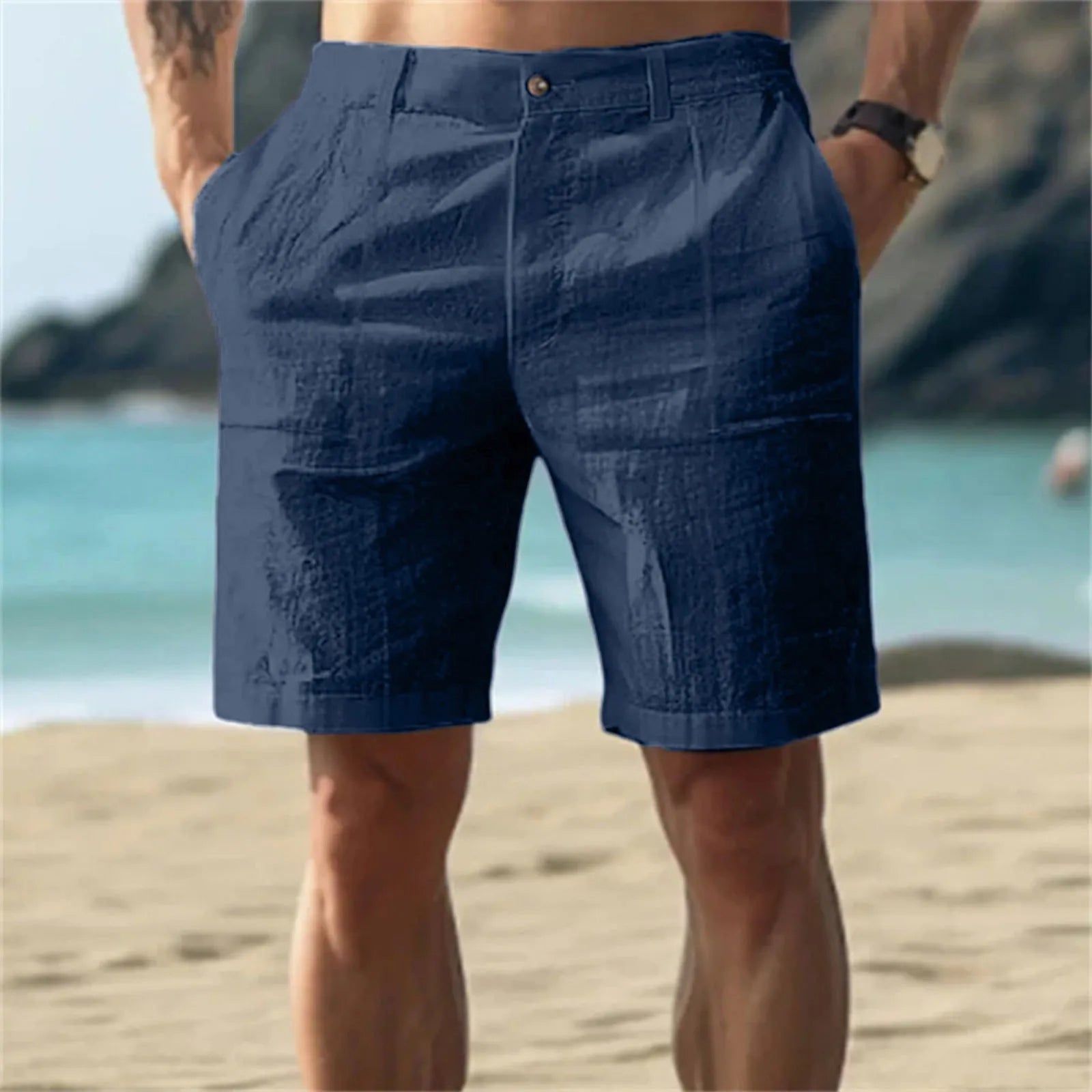 Men’s Solid Color Linen Shorts – Breathable Casual Beach Pants for Summer Holiday