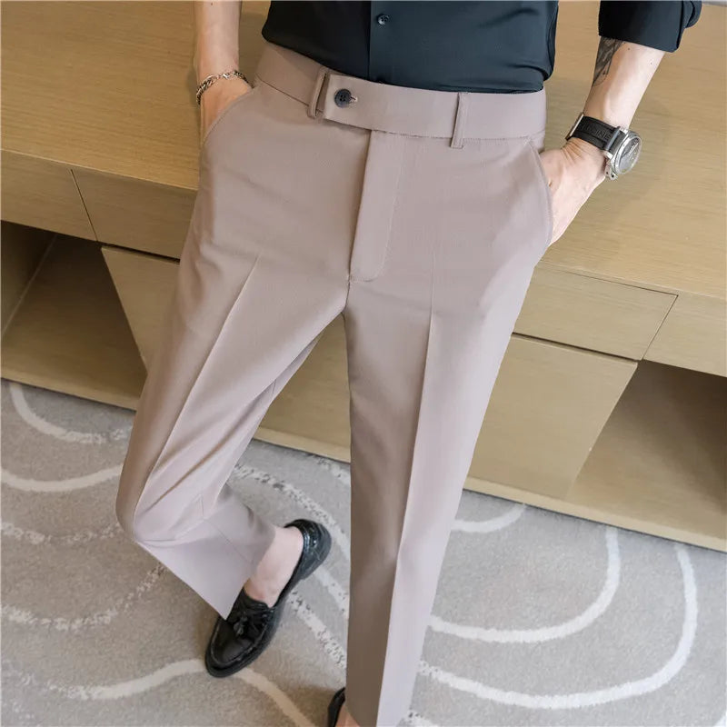 Men’s Stretch Solid Color Trousers – Slim Fit Ankle-Length Pants for Business, Casual & Formal Events