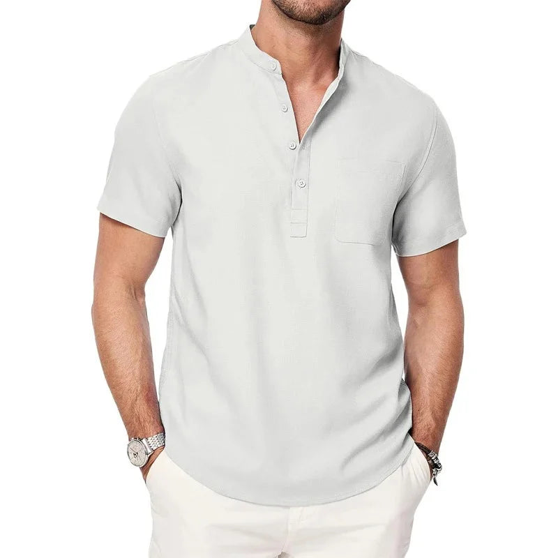 Men’s Henley Cotton-Linen T-Shirt – Short Sleeve Casual Tee with Button Pocket