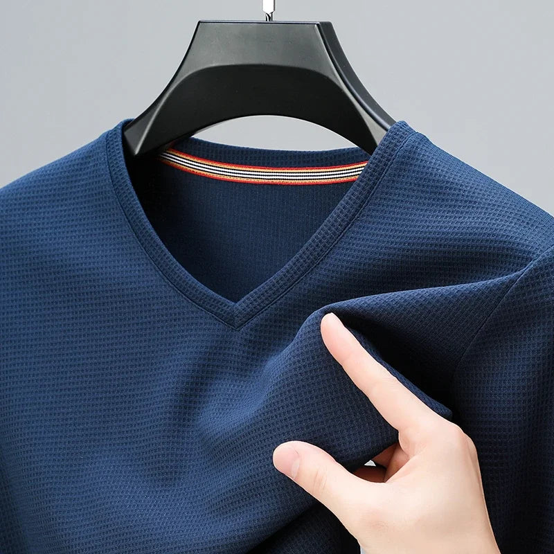 Men’s Waffle Knit V-Neck T-Shirt – Summer Casual Short Sleeve Top 2024