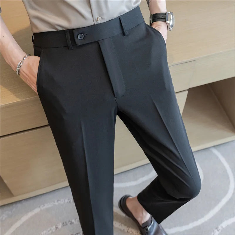 Men’s Stretch Solid Color Trousers – Slim Fit Ankle-Length Pants for Business, Casual & Formal Events