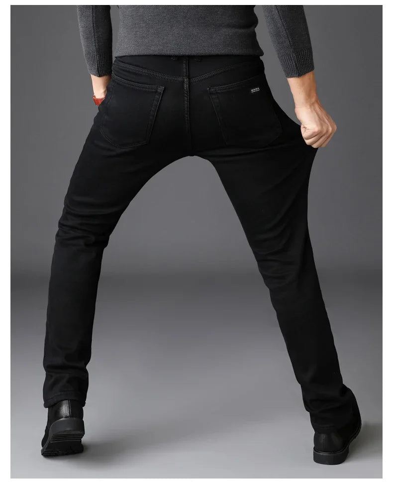 Men’s Classic Black Stretch Jeans – Soft Denim Biker Pants for Spring & Autumn