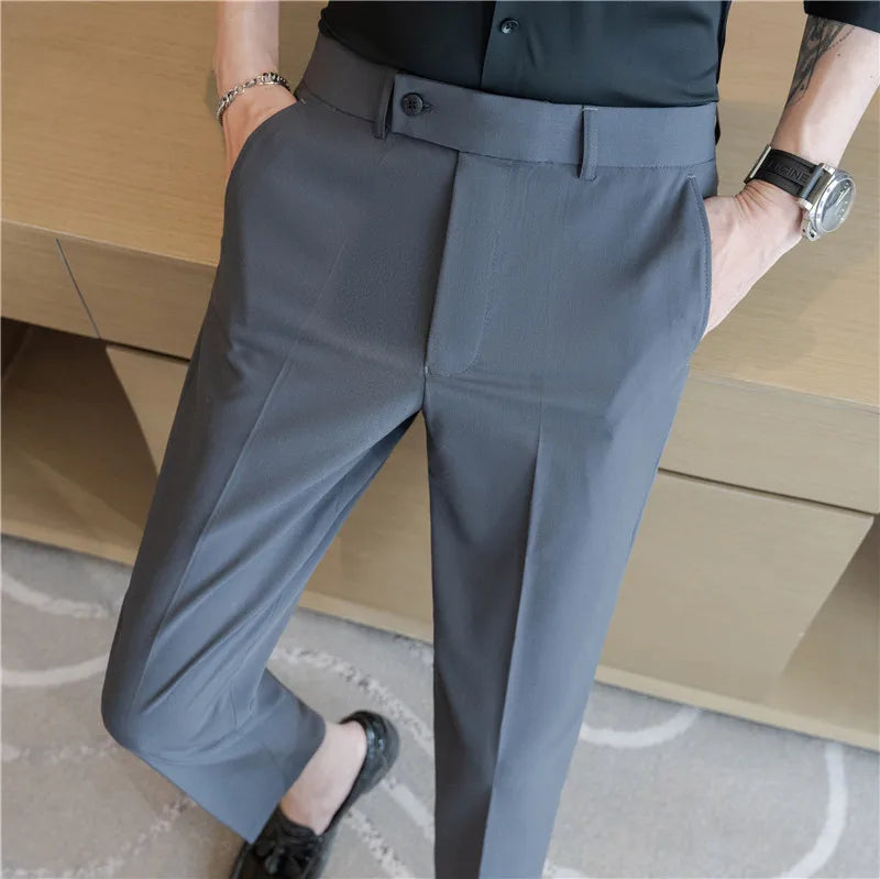 Men’s Stretch Solid Color Trousers – Slim Fit Ankle-Length Pants for Business, Casual & Formal Events