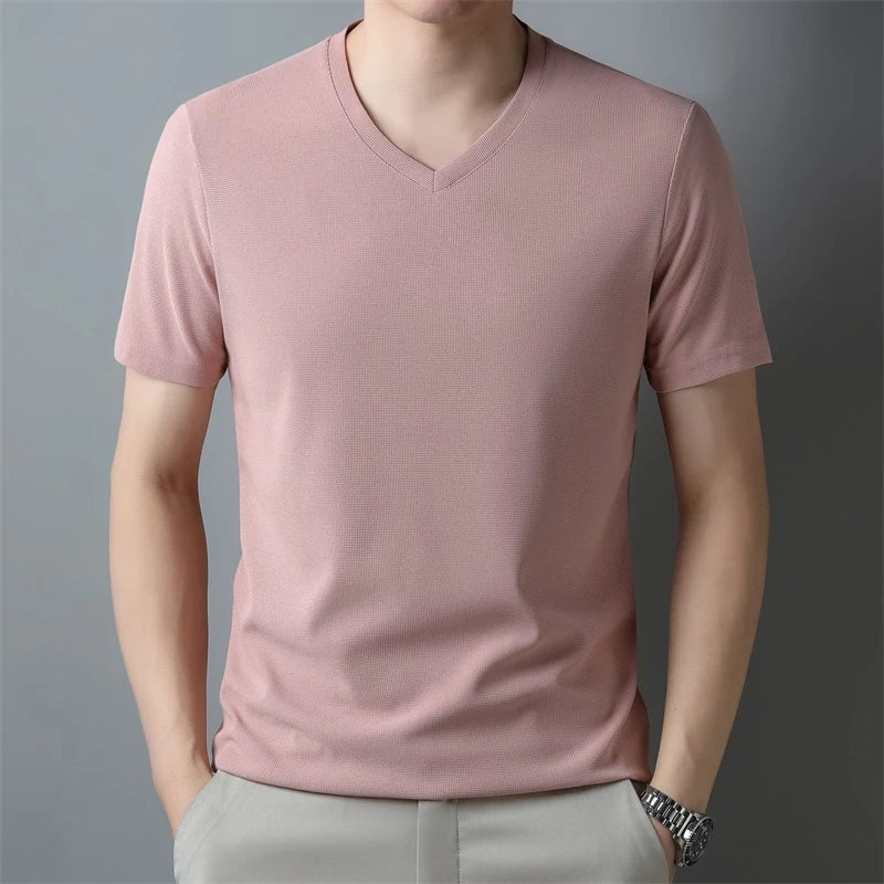 Men’s Waffle Knit V-Neck T-Shirt – Summer Casual Short Sleeve Top 2024